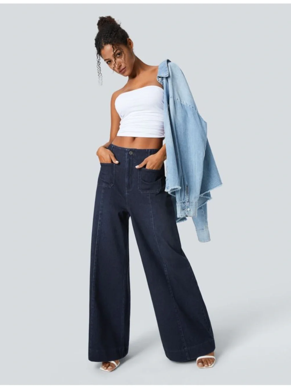 NWT HALARA Flex™ High Waisted Pockets Washed Casual Wide Leg Jeans Deep Indigo S